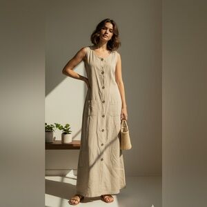 Vintage Melrose Studio Tencel Blend Button Front Maxi Dress Tan size Large